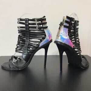 LAMB AB Rainbow Reflective Black Leather Cage Strappy High Heeled Sandals 7.5